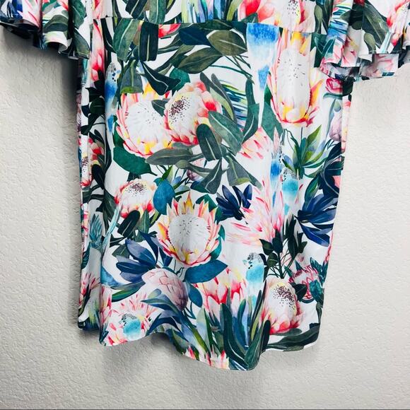 H&M Womens Dress Size 4 White Floral Ruffle Sleeve Viscose Tropical - Picture 4 of 8